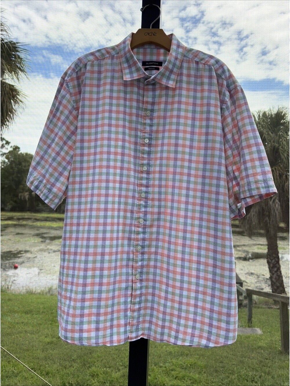 Bugatchi Shirt Mens XXL Classic Fit Short Sleeve Button Down Coral Plaid - Picture 1 of 9